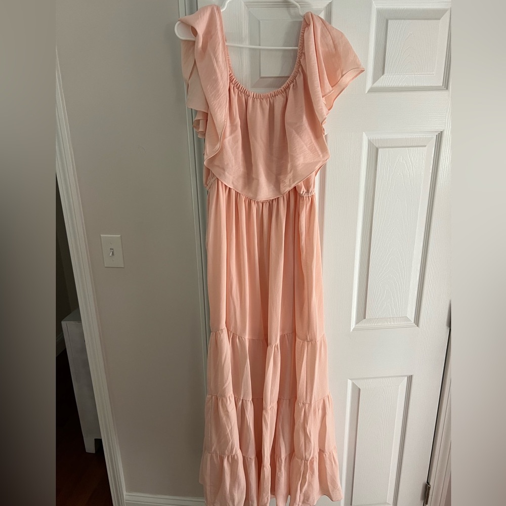 Baby pink off the shoulder maxi dress